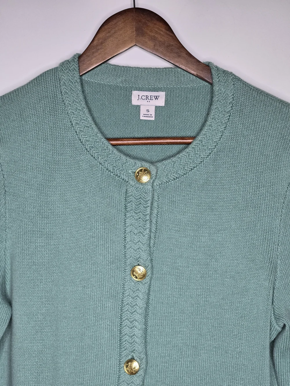 J.Crew Emilie Mint Sage Green Cotton Blend Lady Sweater Cardigan Gold Button S